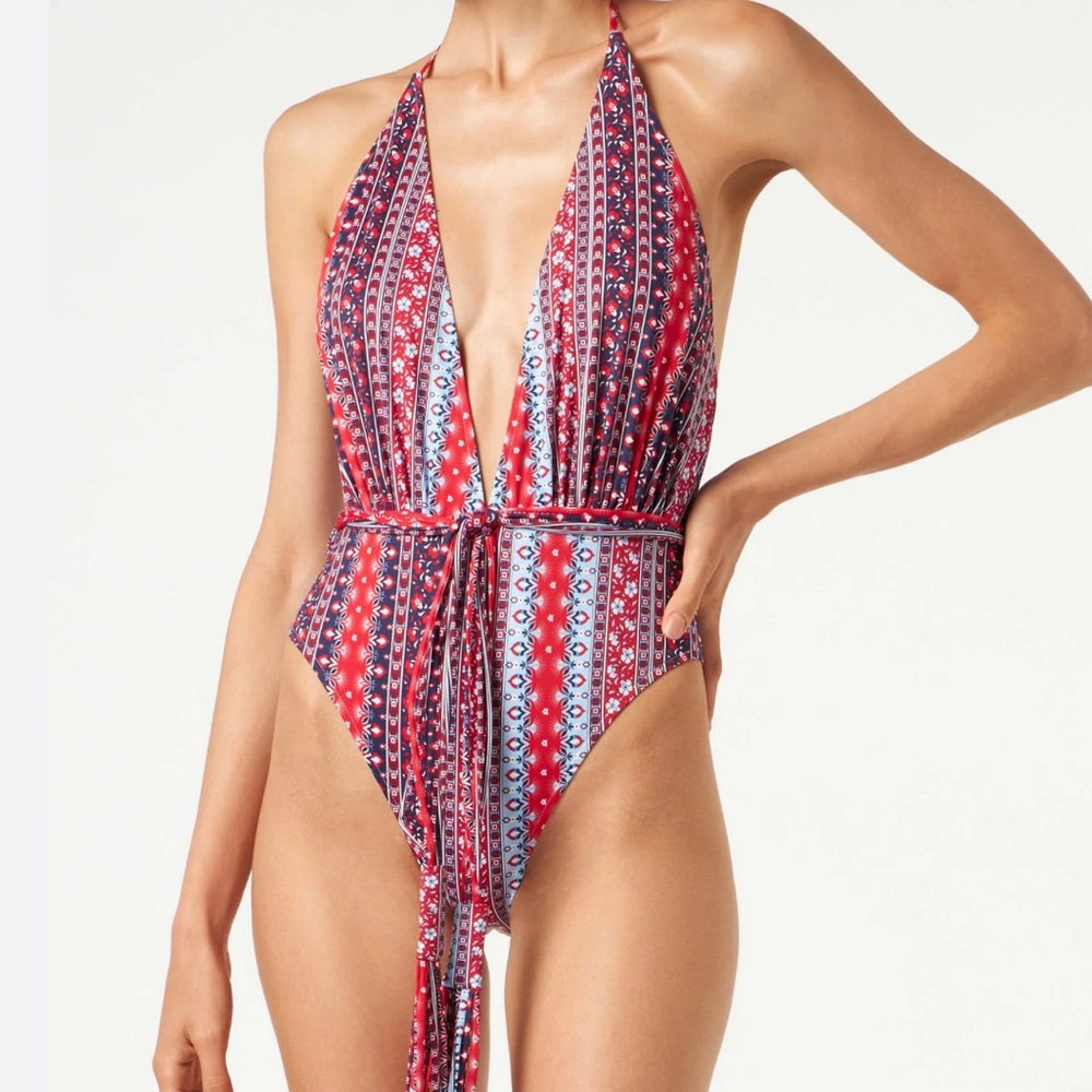 MC2 Saint Barth Red Navy White Patterned One-Piece Swimsuit